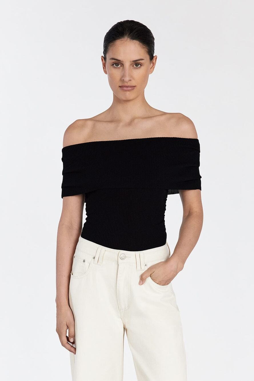DISSH Conrad Black Ribbed Off-Shoulder Knit Top Size M